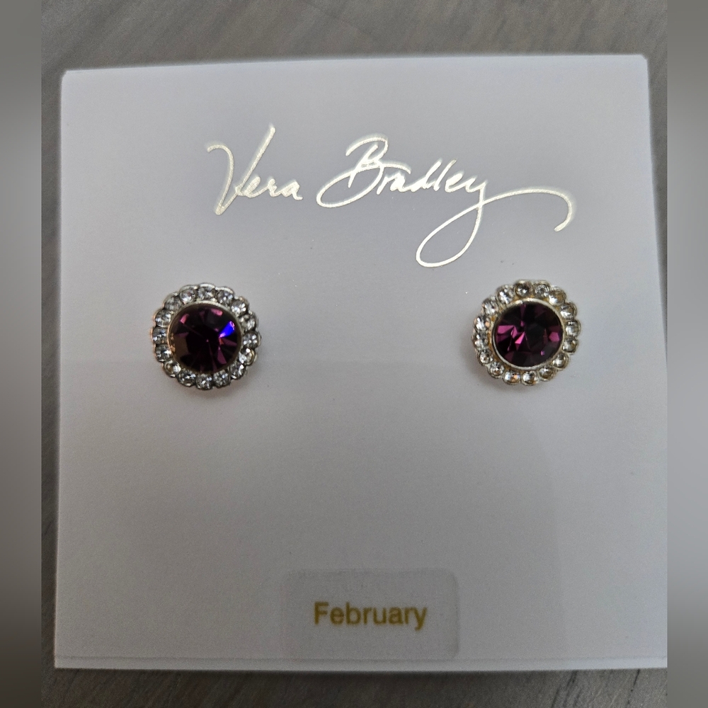 Vera Bradley February Amethyst And White Cubic Zirconia Stud Earrings NWT
